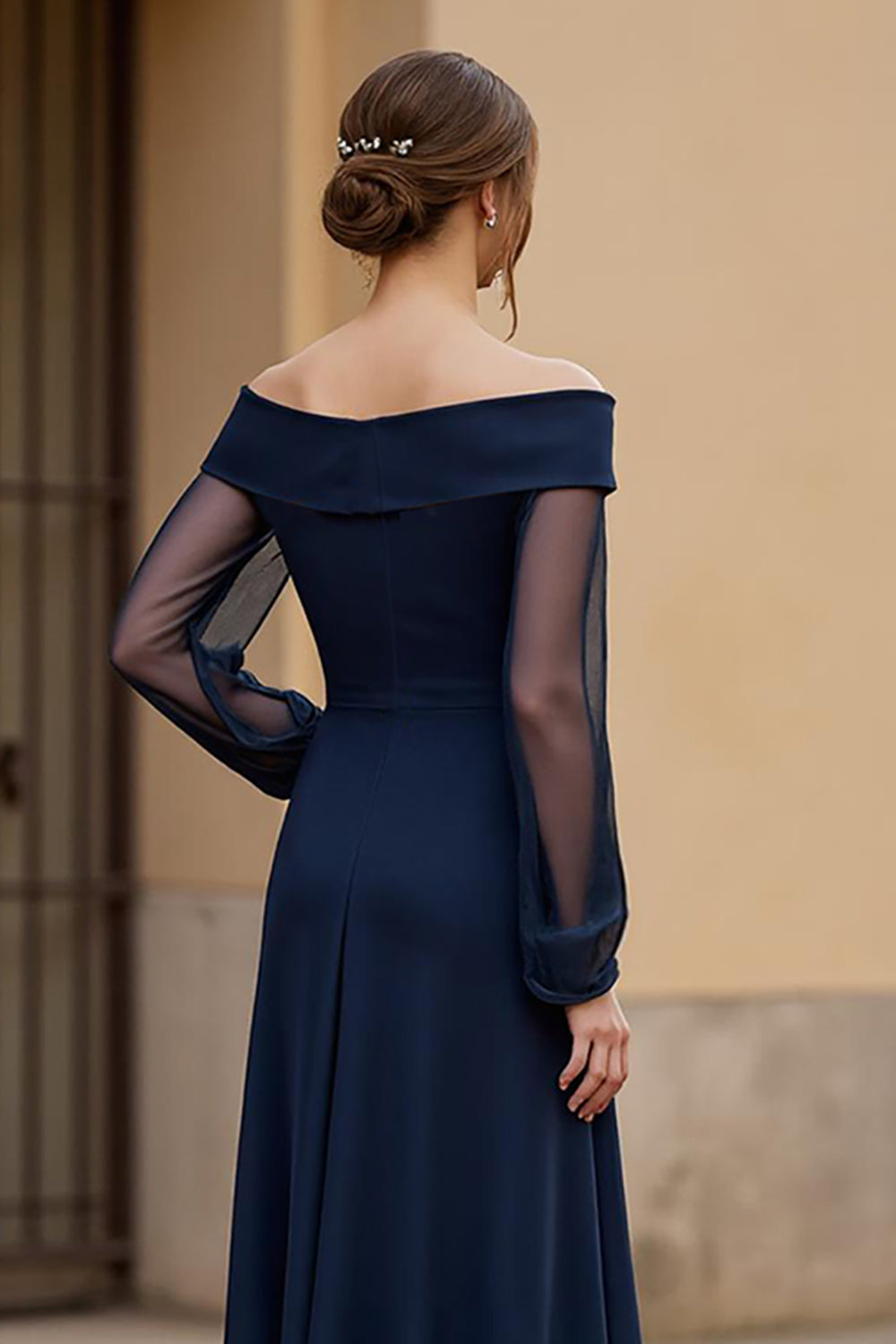 Navy Ruched Chiffon Long Mother of the Bride Dress with Sleeves