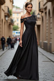 Black Chiffon Ruffled One Shoulder Long Mother of the Bride Dress with Lace