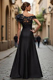 Black Chiffon Ruffled One Shoulder Long Mother of the Bride Dress with Lace
