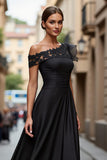 Black Chiffon Ruffled One Shoulder Long Mother of the Bride Dress with Lace