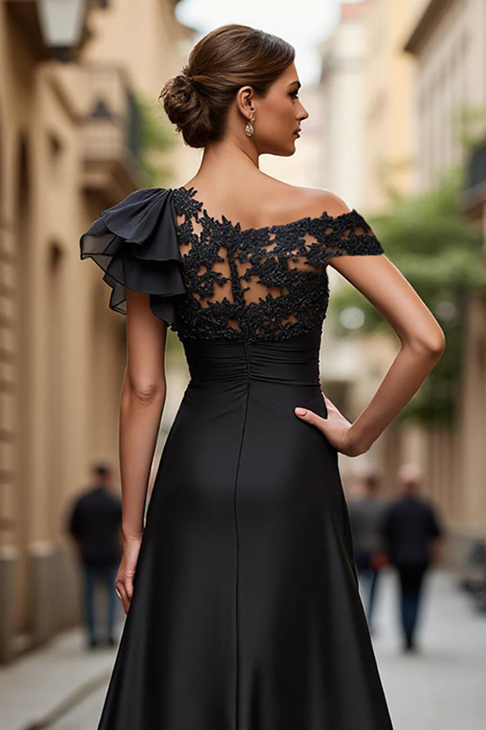 Black Chiffon Ruffled One Shoulder Long Mother of the Bride Dress with Lace
