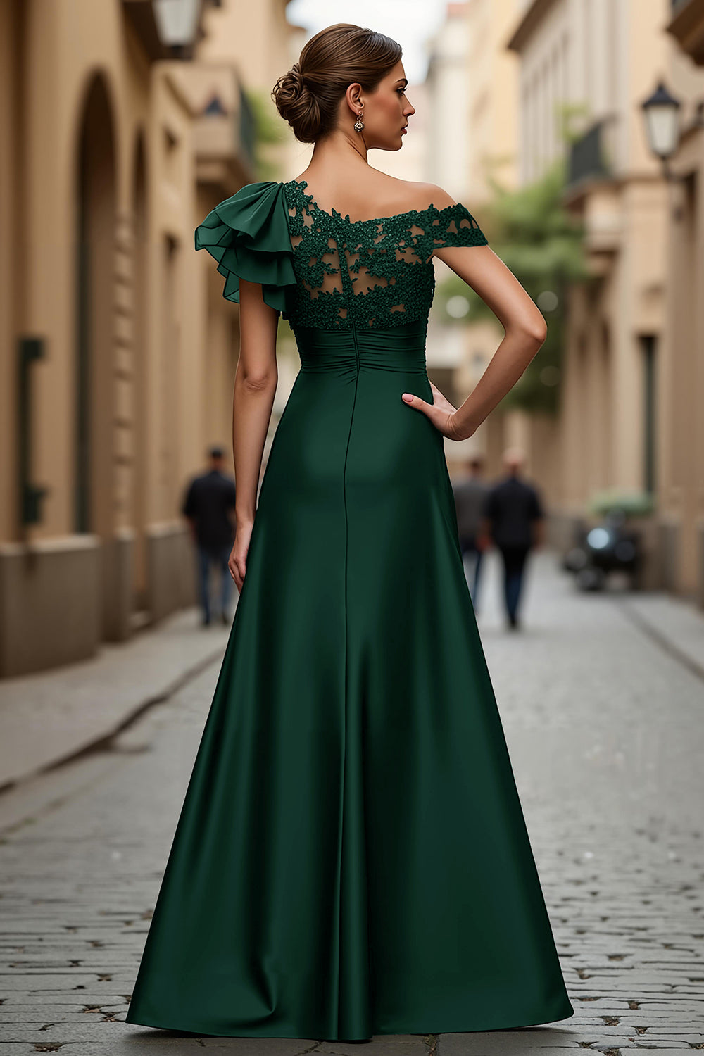 Black Chiffon Ruffled One Shoulder Long Mother of the Bride Dress with Lace