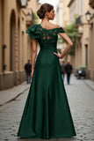 Black Chiffon Ruffled One Shoulder Long Mother of the Bride Dress with Lace