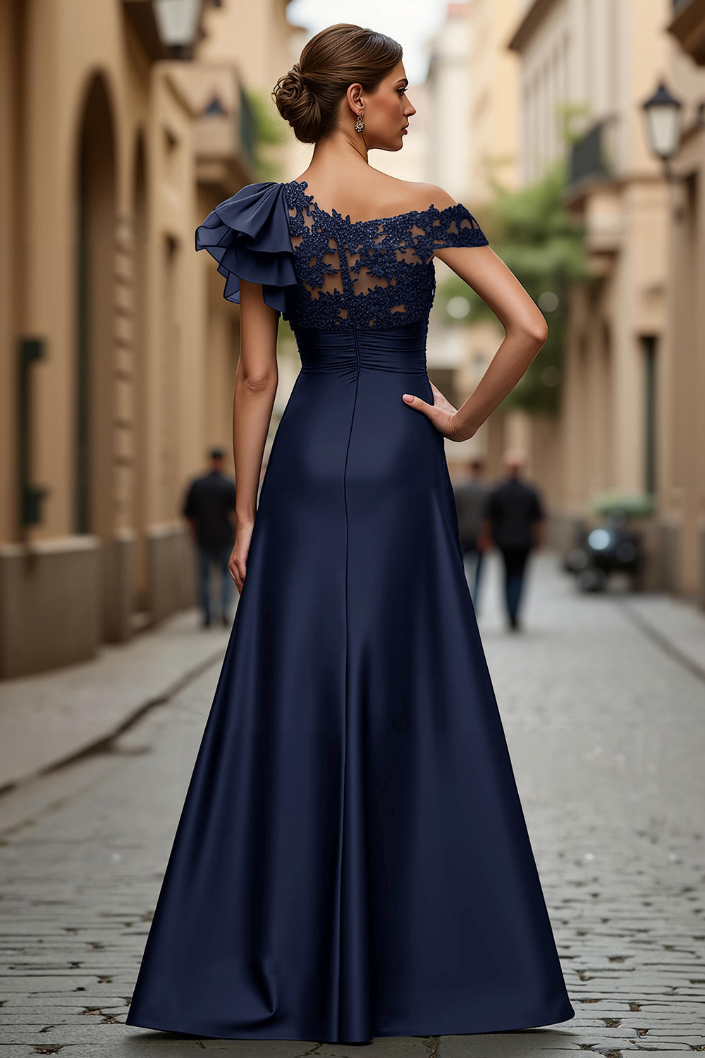Black Chiffon Ruffled One Shoulder Long Mother of the Bride Dress with Lace