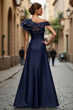 Black Chiffon Ruffled One Shoulder Long Mother of the Bride Dress with Lace