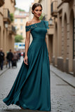 Black Chiffon Ruffled One Shoulder Long Mother of the Bride Dress with Lace