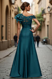 Black Chiffon Ruffled One Shoulder Long Mother of the Bride Dress with Lace