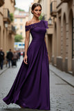 Black Chiffon Ruffled One Shoulder Long Mother of the Bride Dress with Lace