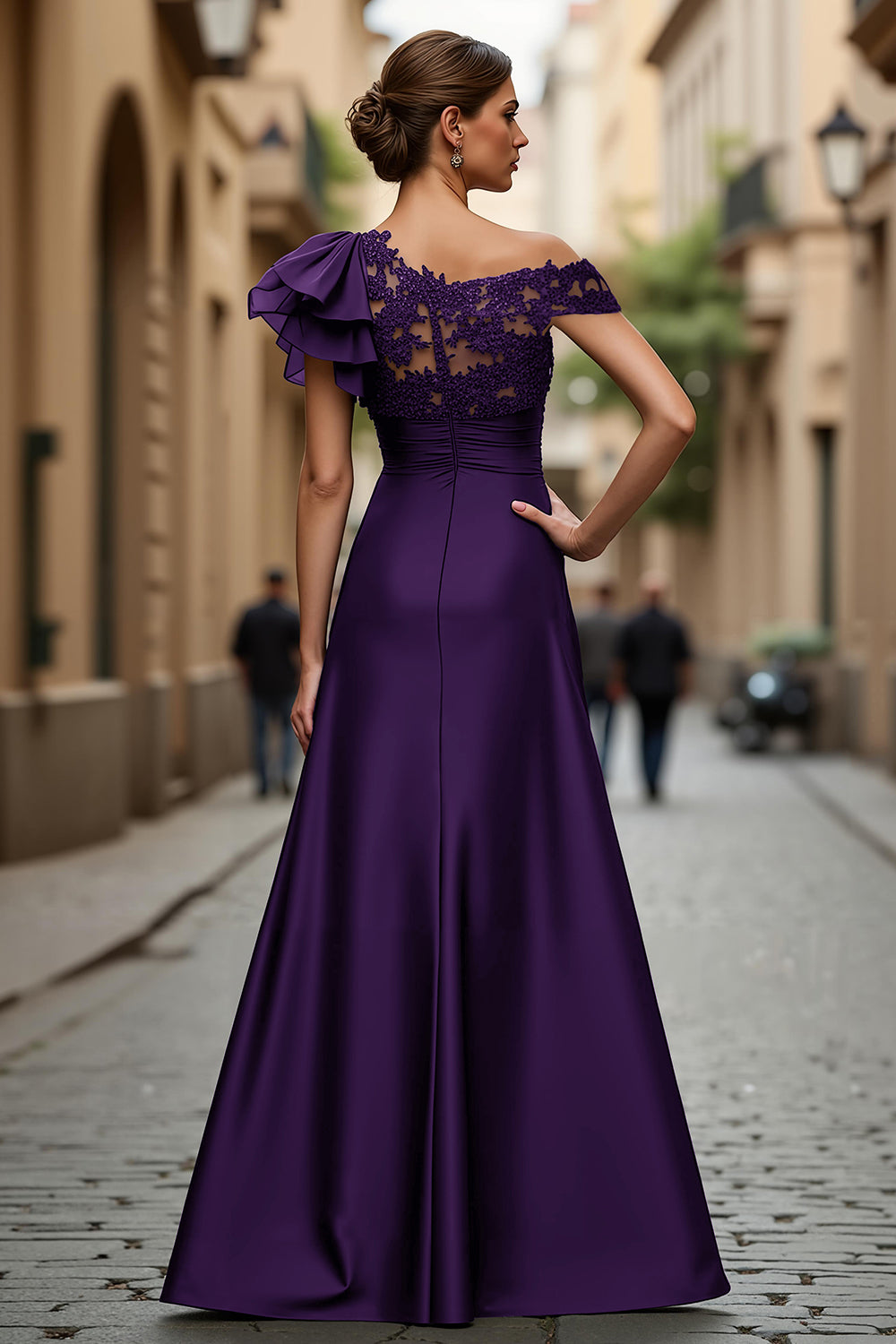 Black Chiffon Ruffled One Shoulder Long Mother of the Bride Dress with Lace