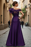 Black Chiffon Ruffled One Shoulder Long Mother of the Bride Dress with Lace