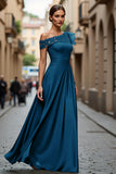 Black Chiffon Ruffled One Shoulder Long Mother of the Bride Dress with Lace