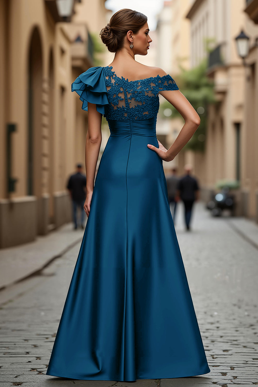 Black Chiffon Ruffled One Shoulder Long Mother of the Bride Dress with Lace