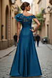 Black Chiffon Ruffled One Shoulder Long Mother of the Bride Dress with Lace