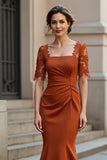 Rust Mermaid Satin Ruched Long Mother of the Bride Dress with Lace