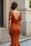 Rust Mermaid Satin Ruched Long Mother of the Bride Dress with Lace