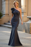 Black Satin Floral One Shoulder Mermaid Long Mother of the Bride Dress