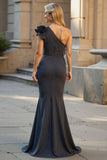Floral Black Satin Mermaid One Shoulder Long Mother of the Bride Dress