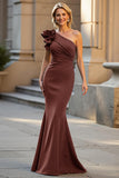 Floral Black Satin Mermaid One Shoulder Long Mother of the Bride Dress