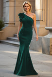 Floral Black Satin Mermaid One Shoulder Long Mother of the Bride Dress