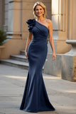 Floral Black Satin Mermaid One Shoulder Long Mother of the Bride Dress