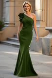 Floral Black Satin Mermaid One Shoulder Long Mother of the Bride Dress