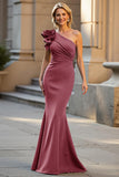 Floral Black Satin Mermaid One Shoulder Long Mother of the Bride Dress