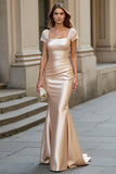 Champagne Mermaid Long Satin Mother of the Bride Dress with Lace