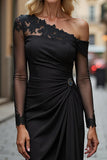 Black Satin One Shoulder Ruffled Short Mother of the Bride Dress with Sleeves