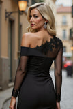 Black Satin One Shoulder Ruffled Short Mother of the Bride Dress with Sleeves