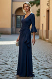 Navy Ruched Satin V-Neck Long Mother of the Bride Dress with Ruffles