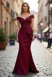 Sparkly Burgundy Satin Mermaid Long Mother of the Bride Dress with Beading