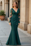 Black V-Neck Ruffled Mermaid Long Mother of the Bride Dress with Lace