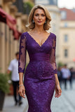 Plum Lace Mermaid V-Neck Long Mother of the Bride Dress with Sleeves
