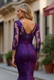Plum Lace Mermaid V-Neck Long Mother of the Bride Dress with Sleeves