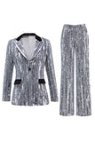Sparkly Silver 2 Piece Sequin Peak Lapel Women Prom Suits