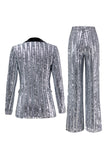 Sparkly Silver 2 Piece Sequin Peak Lapel Women Prom Suits