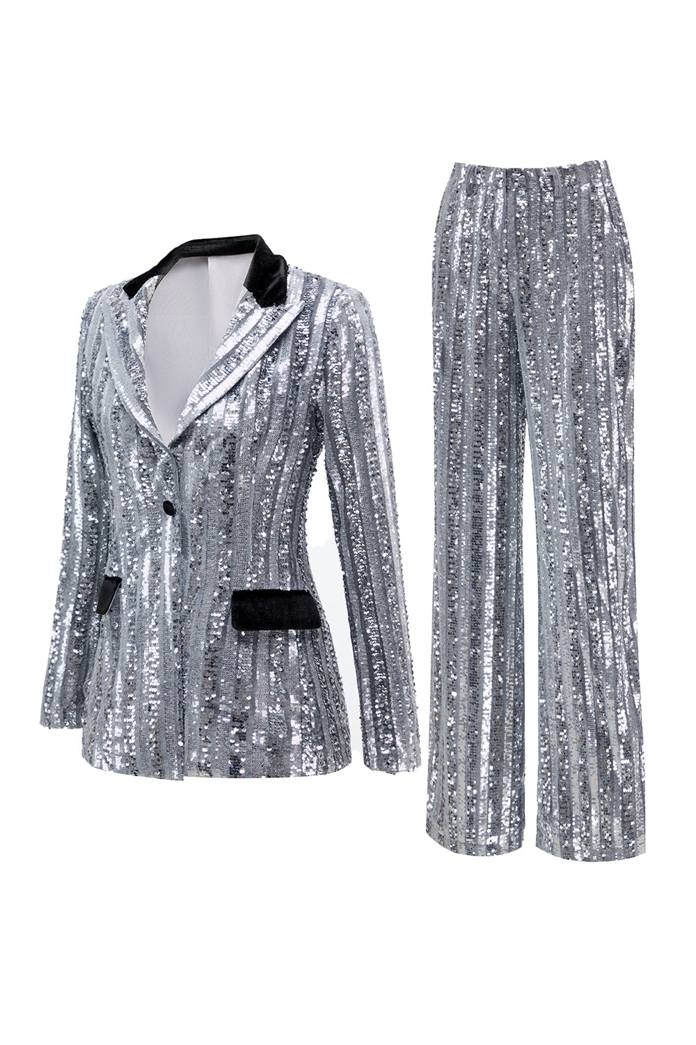 Sparkly Silver 2 Piece Sequin Peak Lapel Women Prom Suits