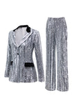 Sparkly Silver 2 Piece Sequin Peak Lapel Women Prom Suits