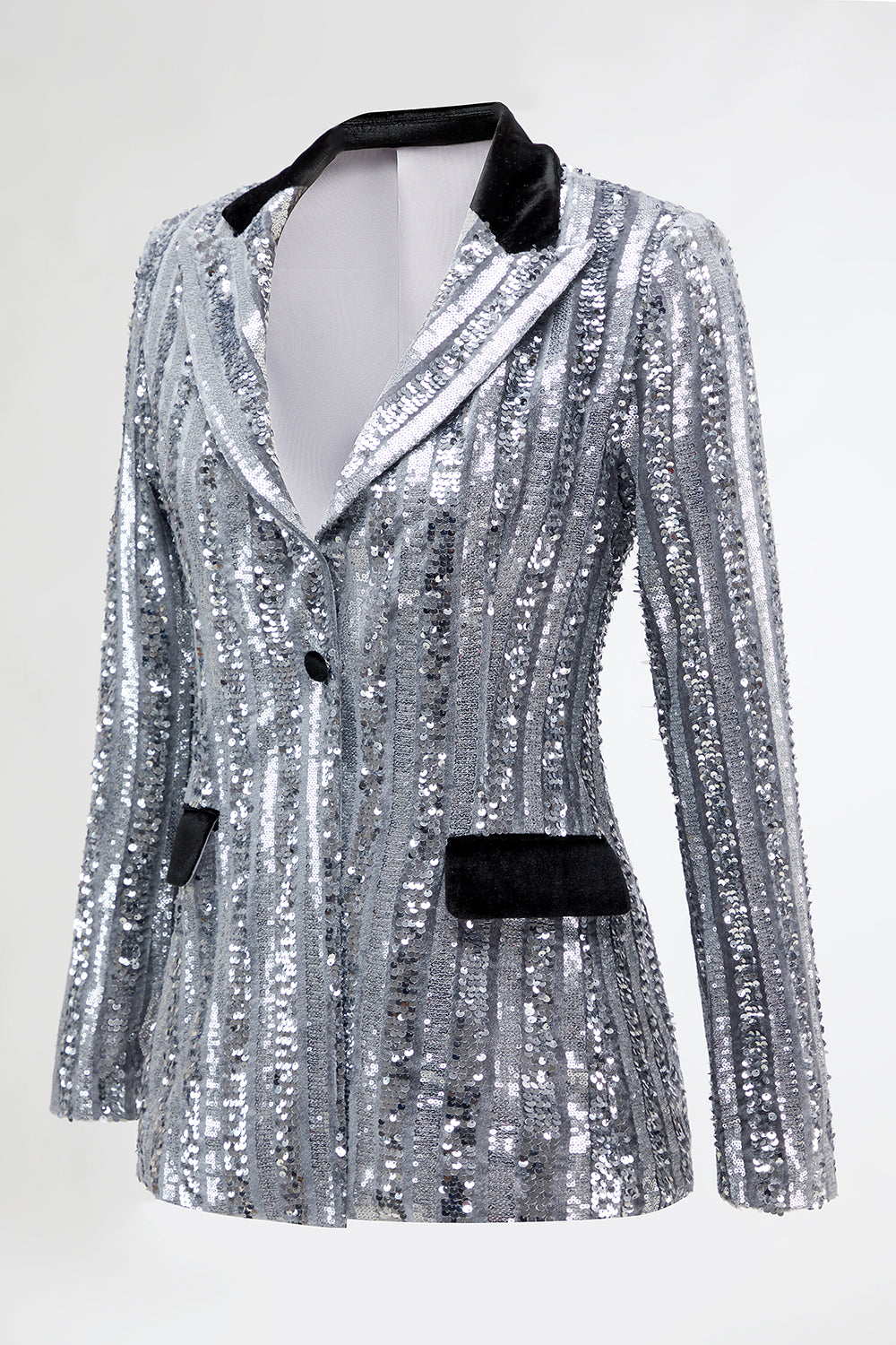 Sparkly Silver 2 Piece Sequin Peak Lapel Women Prom Suits