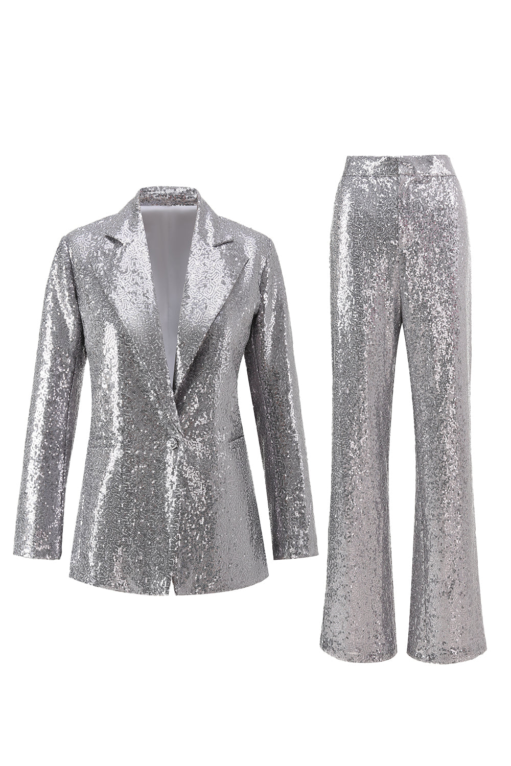 Sparkly Silver Notched Lapel 2 Piece Sequin Women Prom Suits