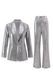 Sparkly Silver Notched Lapel 2 Piece Sequin Women Prom Suits