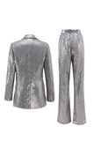Sparkly Silver Notched Lapel 2 Piece Sequin Women Prom Suits