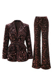 Sparkly Coffee 2 Piece Sequin Peak Lapel Women Prom Suits with Sash