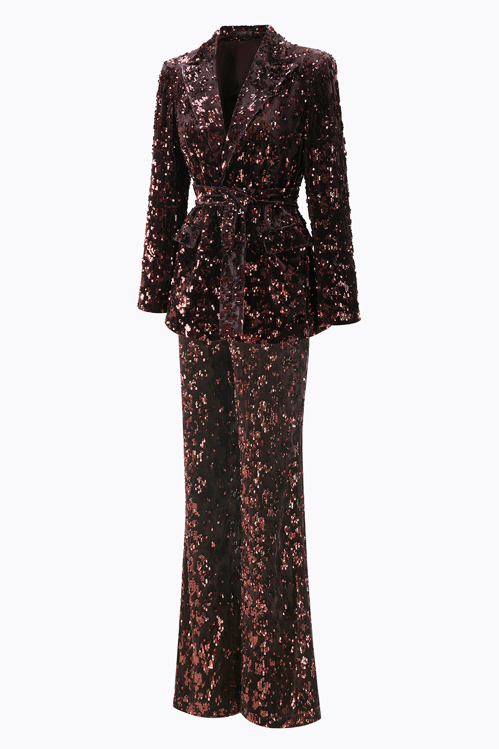 Sparkly Coffee 2 Piece Sequin Peak Lapel Women Prom Suits with Sash