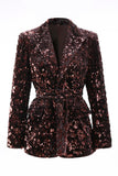 Sparkly Coffee 2 Piece Sequin Peak Lapel Women Prom Suits with Sash