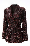 Sparkly Coffee 2 Piece Sequin Peak Lapel Women Prom Suits with Sash