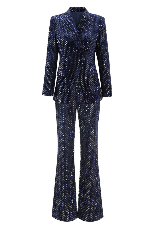 Sparkly Navy Sequins 2 Piece Peak Lapel Women Prom Suits