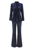 Sparkly Navy Sequins 2 Piece Peak Lapel Women Prom Suits