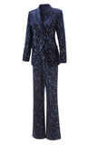 Sparkly Navy Sequins 2 Piece Peak Lapel Women Prom Suits