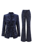Sparkly Navy Sequins 2 Piece Peak Lapel Women Prom Suits